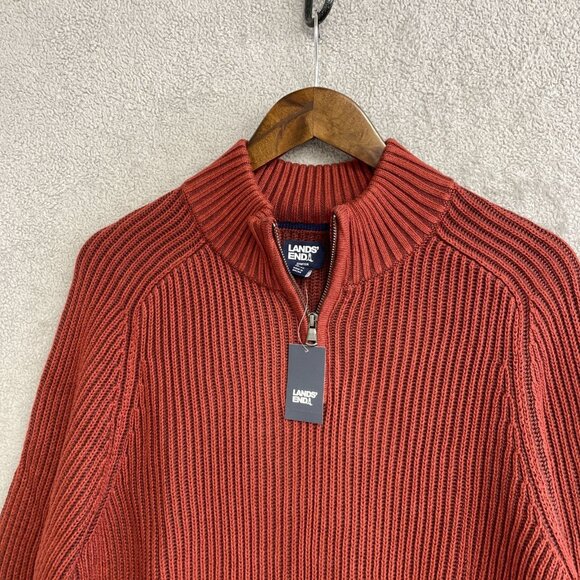 NEW Lands' End Men's M Drifter Half-Zip Sweater Ribbed Rust Red Cotton - Picture 9 of 10